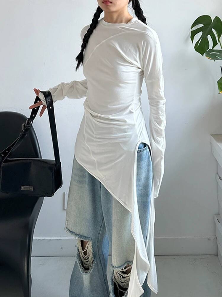 Vintage Fashion Build - Женская белая асимметричная элегантная приталенная футболка